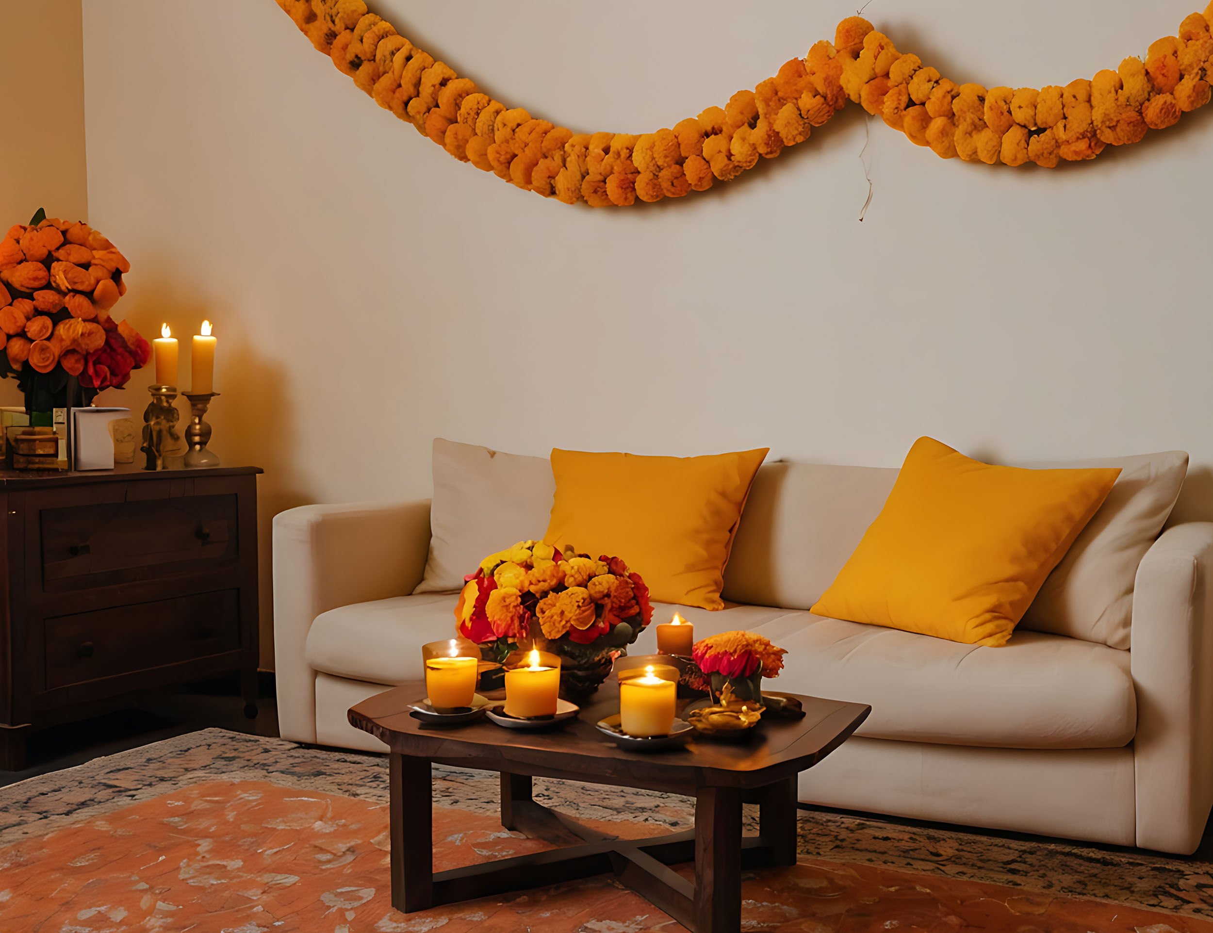 Cozy living room decorated with marigold garlands, glowing candles, and fresh flower arrangements, creating a warm and festive ambiance for traditional celebrations.